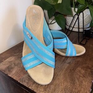 Anne Klein Sport Aklorri Cork Heel‎ Wedge Women's Shoe Size 11M. Wide Strap Blue